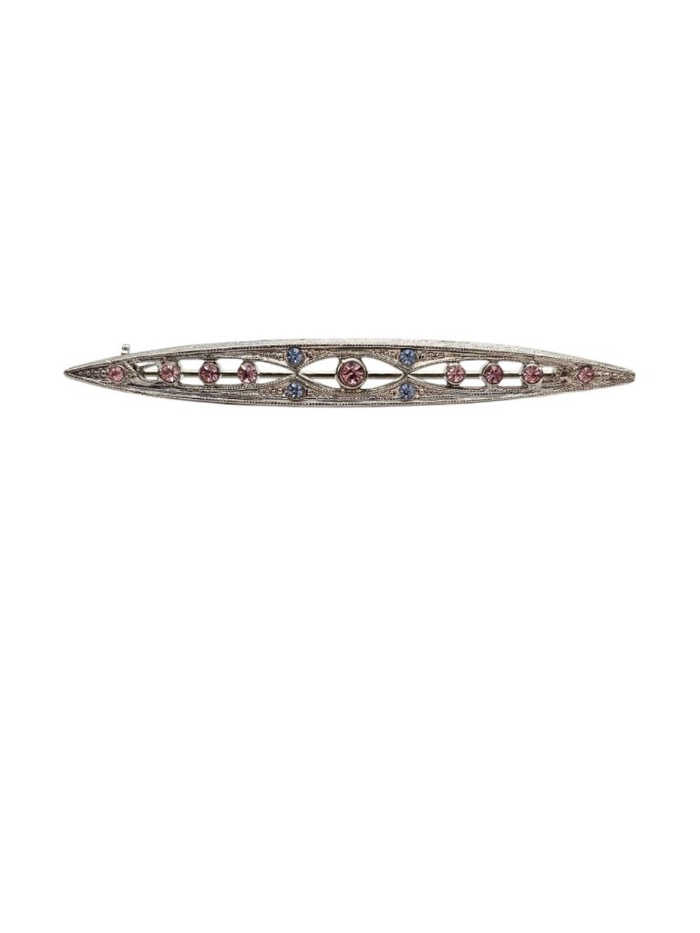 1928 Brand Victorian Style Pink Blue Rhinestone Bar Brooch Pin J578